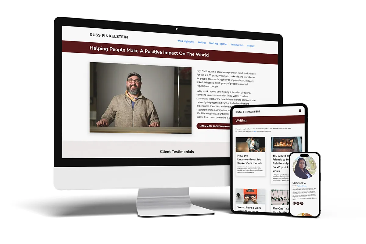 Image of a computer, tablet and phone showing the RussFinkelstein.com website