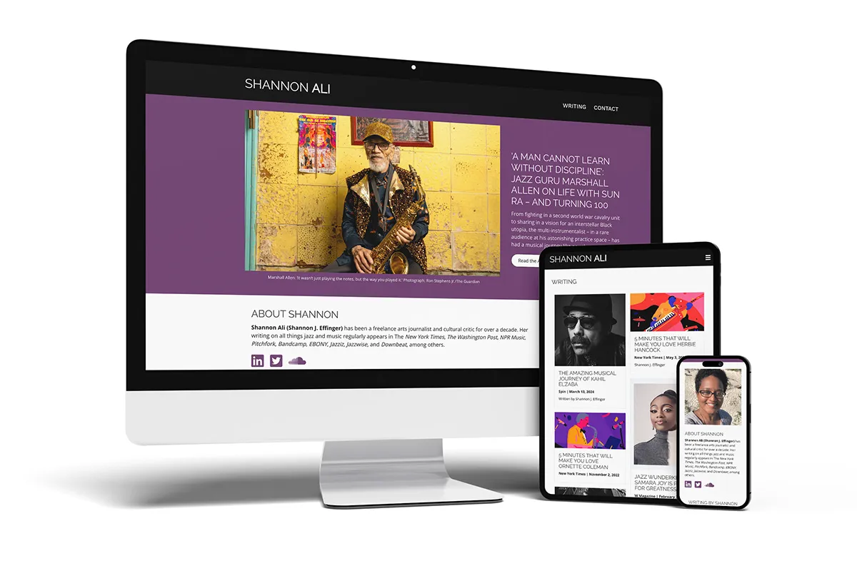Image of a computer, tablet and phone showing the ShannonAli.media website