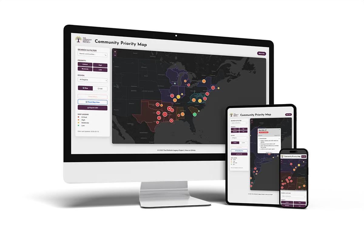 Image of a computer, tablet and phone showing the TCLP Community Priority Map website